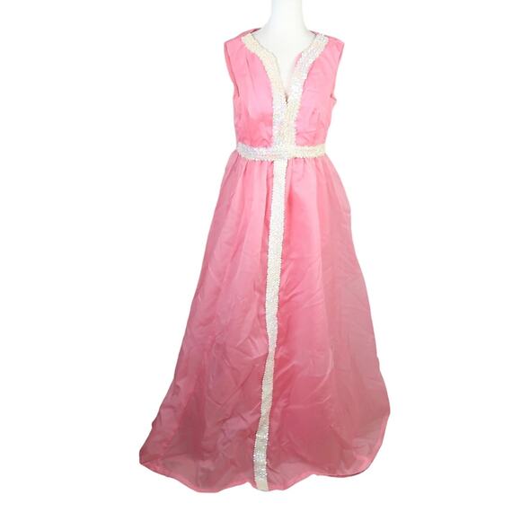 Vintage 60s pink taffeta white sequin long formal gown dress S - Picture 1 of 4